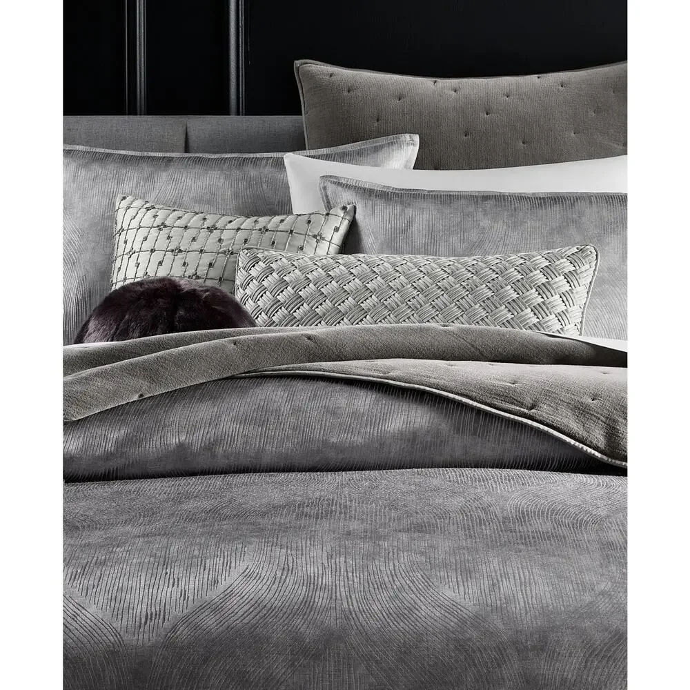 Hotel Collection Linear Ogee Full/Queen Comforter Set Gray 3pc Luxury Bedding